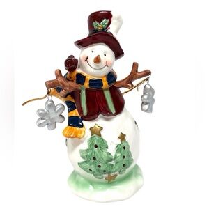 Festive Snowman Figurine Ceramic with Red Hat & Green Scarf Christmas EUC